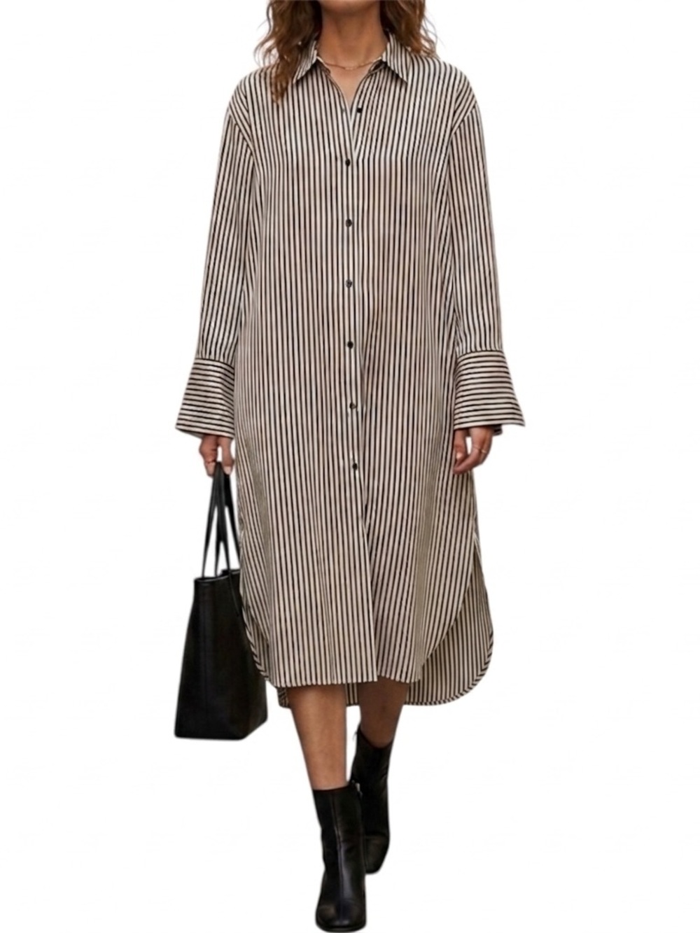 H&M Oversized Black & Cream Striped Satin Button-Front Shirt Dress Size Large